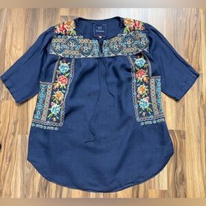 Johnny Was 3J Workshop navy blue embroidered tunic blouse